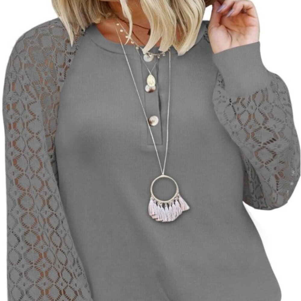 WOMEN LACE LONG SLEEVE V NECK BUTTON DOWN